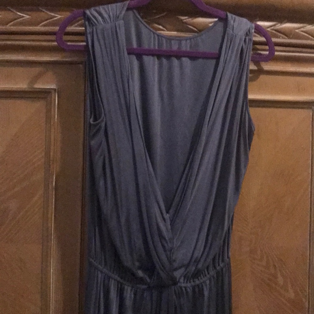 Grecian style, silky, plunge back midi dress.